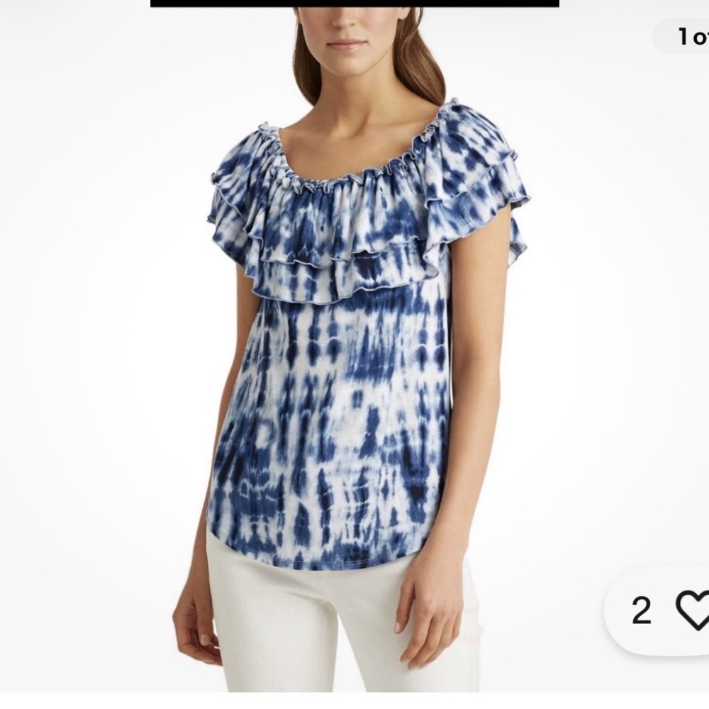 Lauren Ralph Lauren Womens Tie Dye Blue Off The Shoulder Blouse Coquette Top XL - Picture 8 of 8